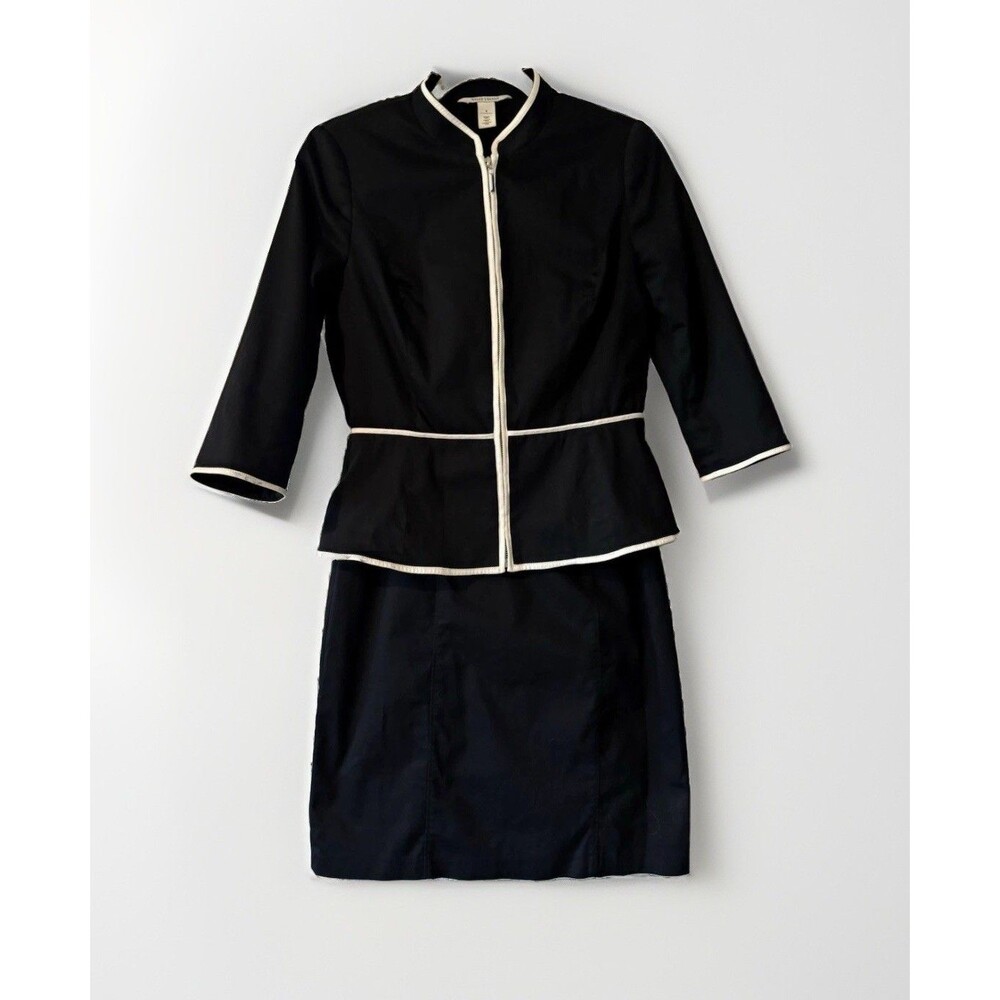 White House Black Market Black/White Trim 2 Piece Suit Dress & Jacket Set Size 4